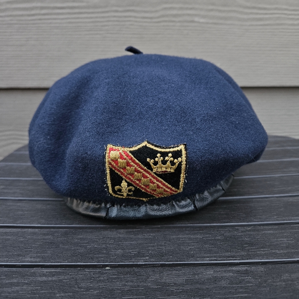 Vintage Wool Beret Hat Made in Yugoslavia Military Embroidered Navy Blue Cap